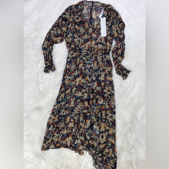 NWT $575 Iro Jorma Ruffled Printed Georgette Midi Dress In Black - Picture 9 of 11